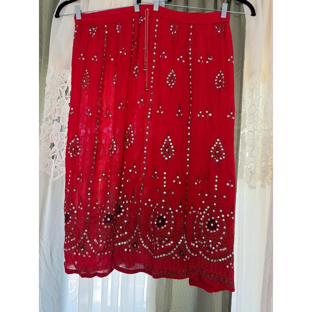 Midi Skirt Women Free Size Red Excellent Sequin Embroidered Boho Gypsy Festival